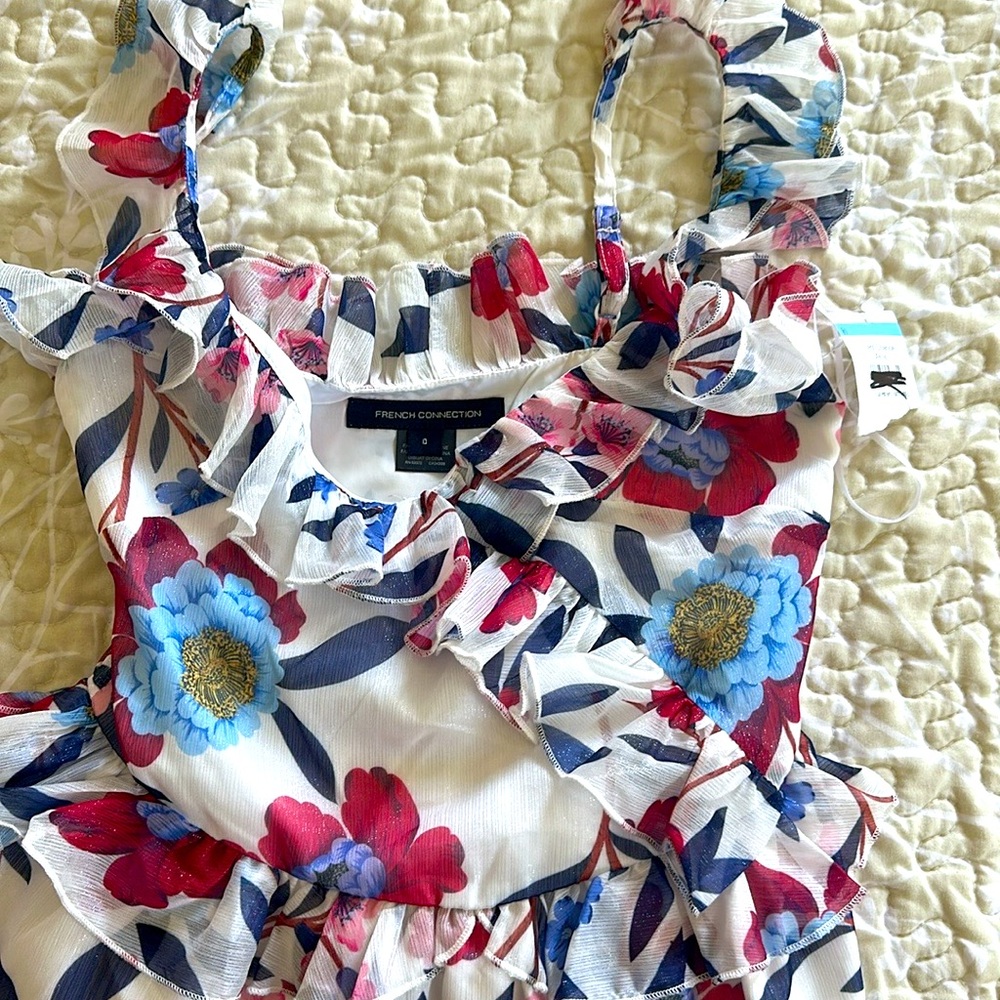 French Connection Floral Ruffle Blouse in Red and Blue